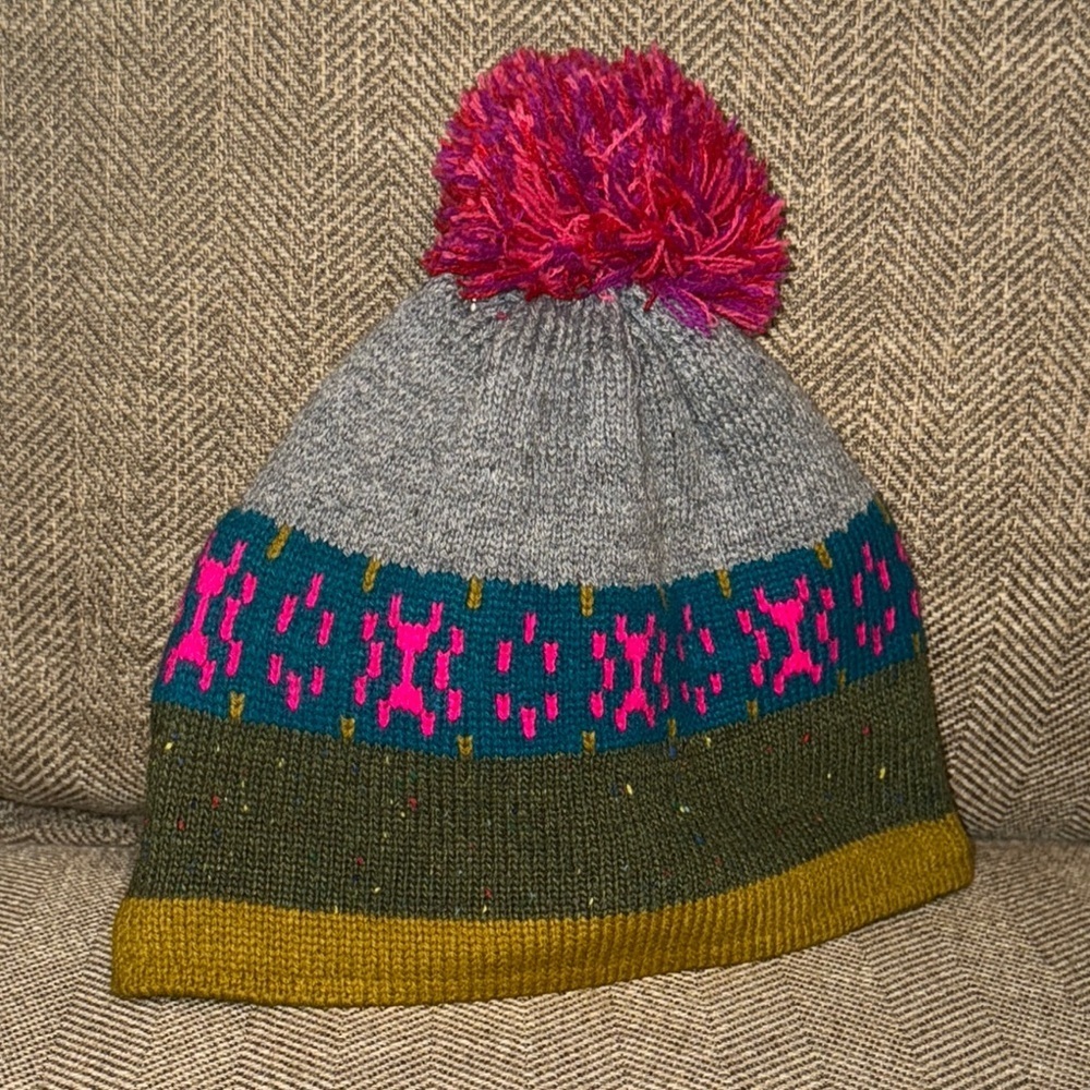 NATURAL LIFE Gray Pom Pom Knit Beanie with Pink, Teal & Olive Stripes
